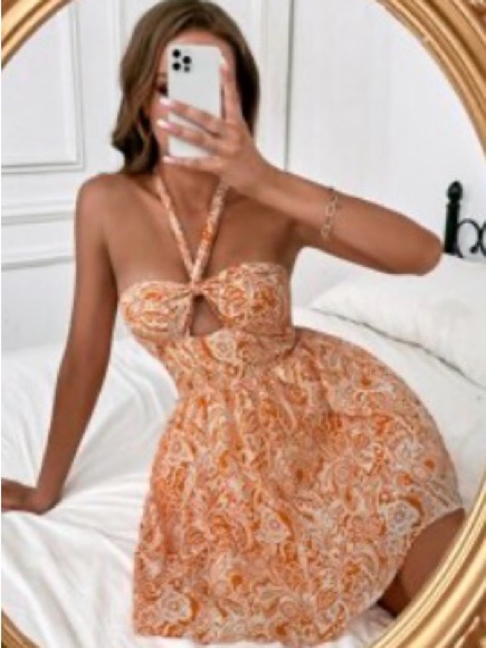 SHEIN Orange Floral Backless Halter Dress